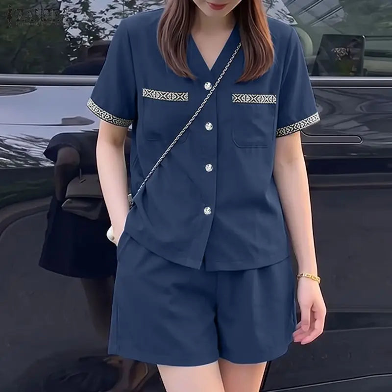 ZANZEA Women's 2-Piece Short Sets Printing Paneled V-Neck Short Sleeve Top Elastic Waist Shorts Matching Sets 2026 Summer Co-ord