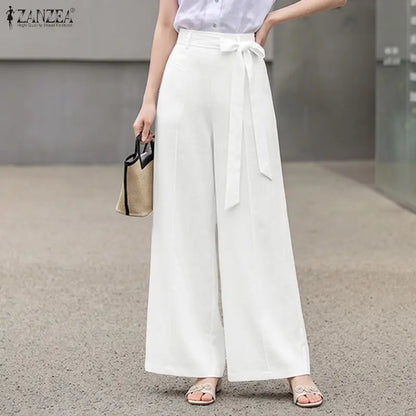 Women Plus Size 5XL Wide Leg Pants High Waist Belted Loose Flowy Trousers ZANZEA Autumn Office Work Solid Casual Palazzo Pants