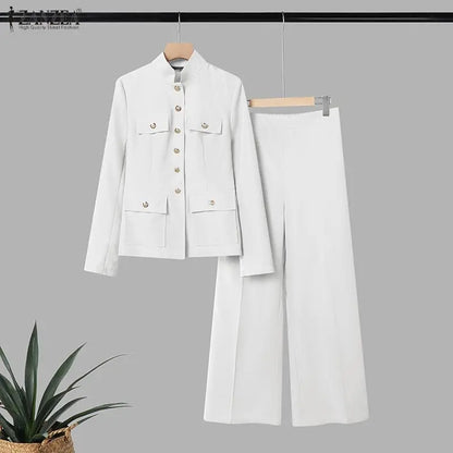 ZANZEA Women's Elegant Pant Suits Vintage Stand Collar Long Sleeve Top & Casual Pant 2 Pieces Sets Commuting Work Wear Outfits