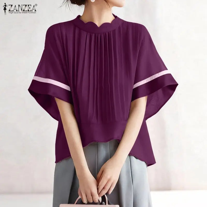 ZANZEA Women's Pleated Scalloped Mock Neck Blouses, Fashion High-Low Hem Tops with Contrast Trim Bell Sleeves, Woman Clothes