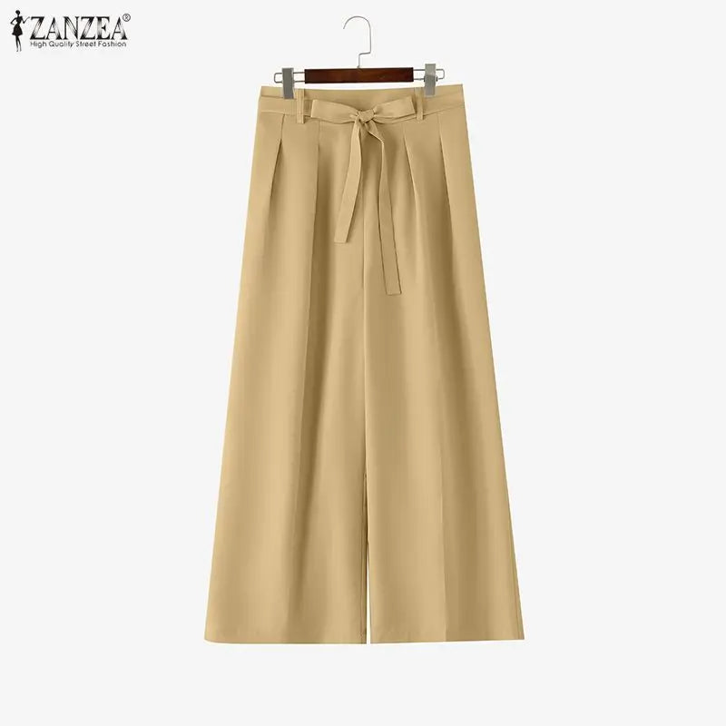 ZANZEA Summer Autumn Wide Leg Pants Women Long Trousers Fashion Solid Color Bottoms Streetwear Belt Pant Oversize S-3XL