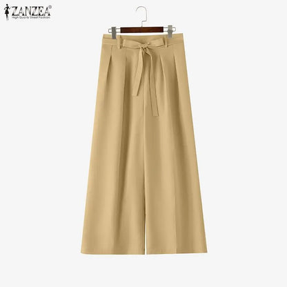ZANZEA Summer Autumn Wide Leg Pants Women Long Trousers Fashion Solid Color Bottoms Streetwear Belt Pant Oversize S-3XL