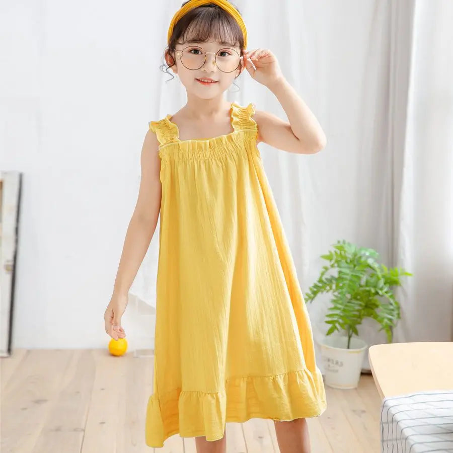 2026 New 100% Cotton Girls Summer Nightgown Thin Princess Spaghetti Strap