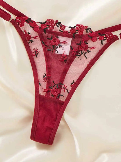 Women WineRed Floral Embroidery Lingerie Set Sheer Mesh Underwire Bra & Adjustable Thong 2‑Piece Intimate Underwear S‑XL