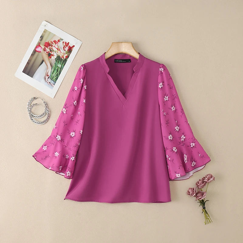 ZANZEA 2026 Elegant Women's Blouses V-Neck Floral Printed 3/4 Sleeve Loose Tops Spring Summer Casual and Day Woman Clothes 3XL