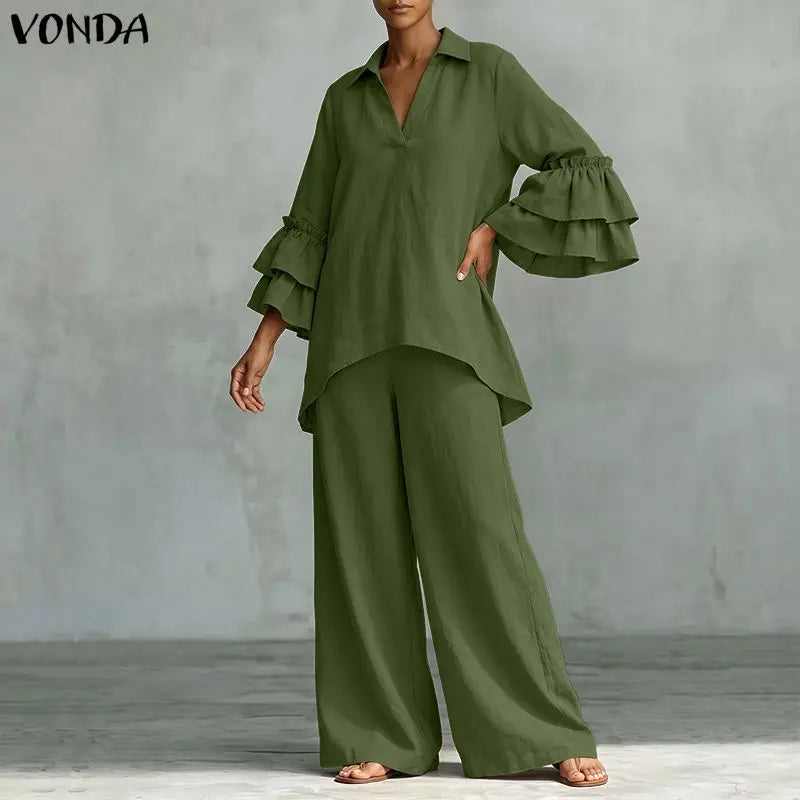Plus Size Outfits Women Two Piece VONDA Ruffle Sleeve Asymmetrical Hem Tops Wide Leg Pants Sets Elegant V Neck 3/4 Sleeve Suits
