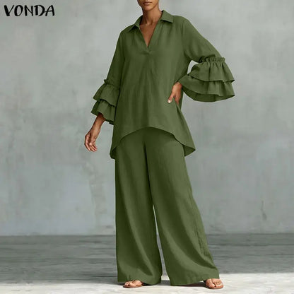 Plus Size Outfits Women Two Piece VONDA Ruffle Sleeve Asymmetrical Hem Tops Wide Leg Pants Sets Elegant V Neck 3/4 Sleeve Suits