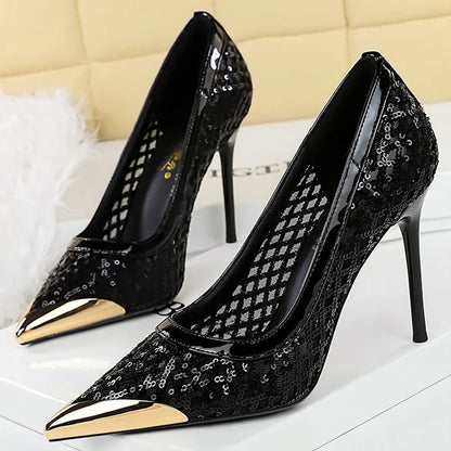 Luxury High Heels Sequin Mesh Women Pumps Metal Pointed Tip Women Heels 9.5 CM Stiletto Fashion Banquet Shoes Sexy Party Shoes