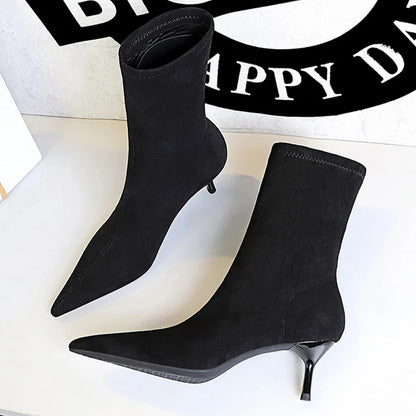 BIGTREE Shoes Suede Women's Ankle Boots Stiletto Heels Women 5.5 cm Sharp Pointed Women's Boots Fashion Short Boots Autumn Shoes