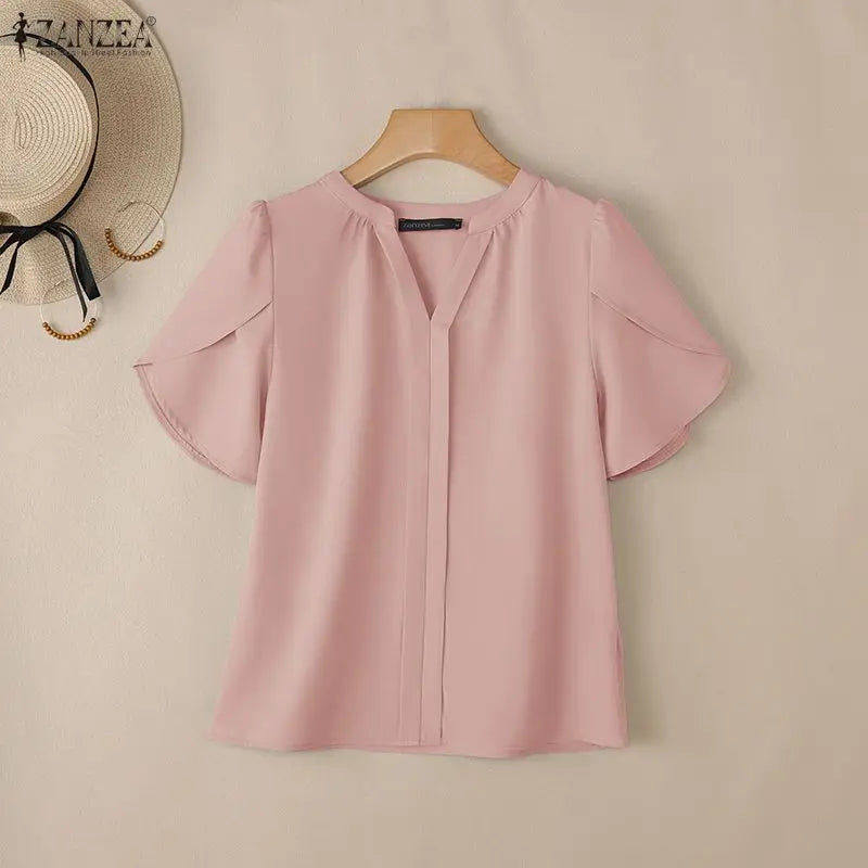 ZANZEA Women Blouse Summer Short Short Sleeve Tunic Top Pleated Elegant OL Casual Work V-Neck Solid Blusas Tunic Streetwear
