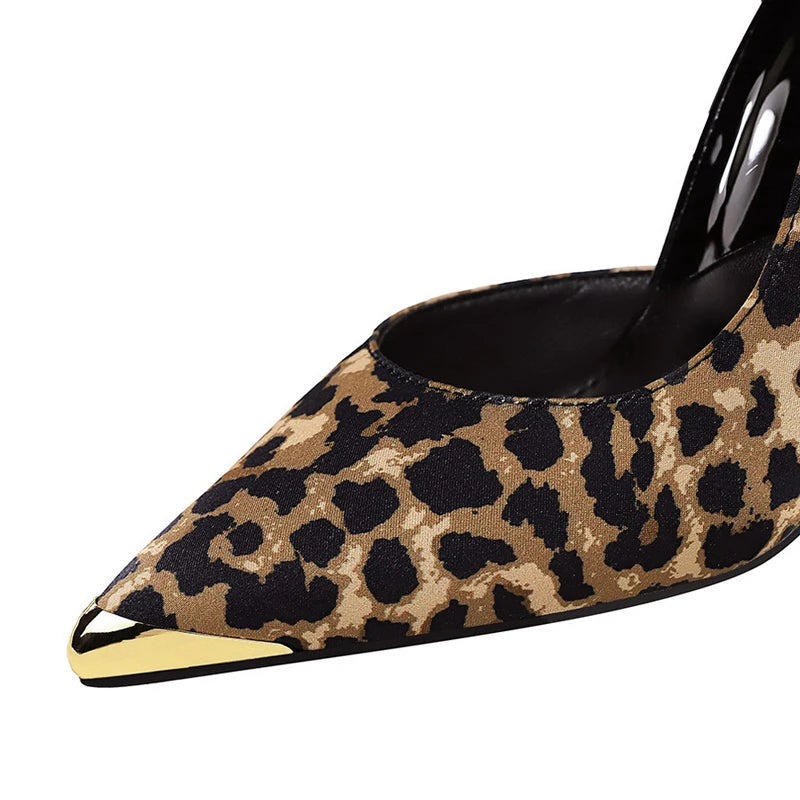 BIGTREE Shoes Leopard Print Women Pumps Silks Satins High Heels Metal Pointed Tip Women Heels 10.5 Cm Stiletto Sexy Party Shoes