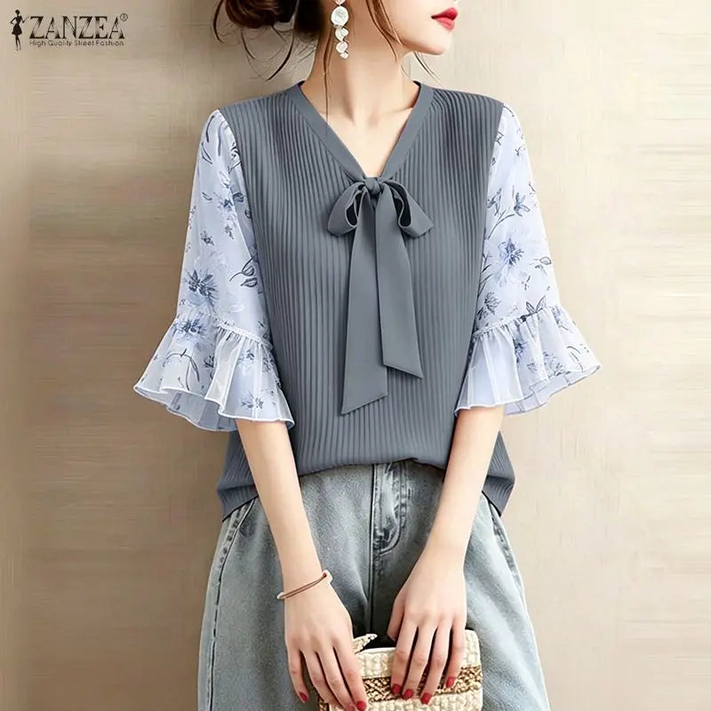 ZANZEA Women Elegant Plisse Blouses Floral Printed 3/4 Flared Sleeve Tops Summer Casual Loose Bow Detail V-Neck Blusas de Mujer