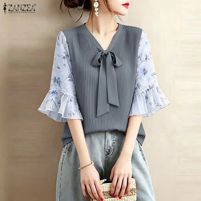 ZANZEA Women Elegant Plisse Blouses Floral Printed 3/4 Flared Sleeve Tops Summer Casual Loose Bow Detail V-Neck Blusas de Mujer