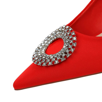 BIGTREE Shoes Women 7.5 cm Heels Rhinestone Round Buckle Women Pumps Silks Satins High Heels Sexy Party Shoes Large Size 34-43