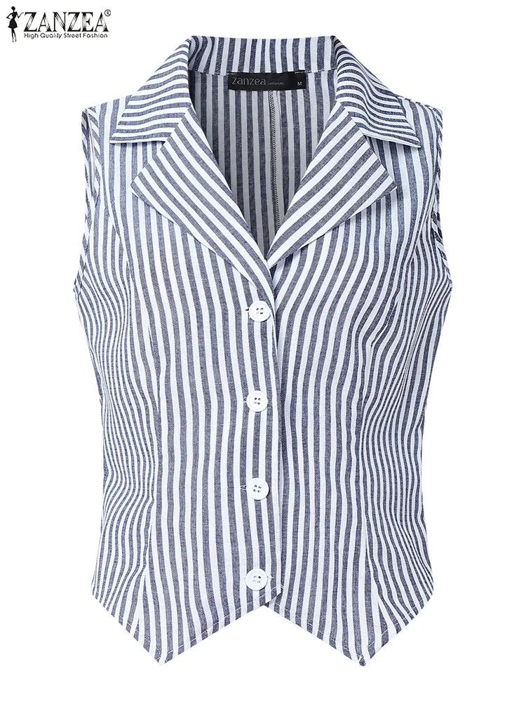 ZANZEA Womens Fashion Striped Waistcoat 2025 Summer Elegant Lapel Sleeveless Vests Tops Commute Office Lightweight Tank Tops
