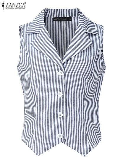 ZANZEA Womens Fashion Striped Waistcoat 2025 Summer Elegant Lapel Sleeveless Vests Tops Commute Office Lightweight Tank Tops