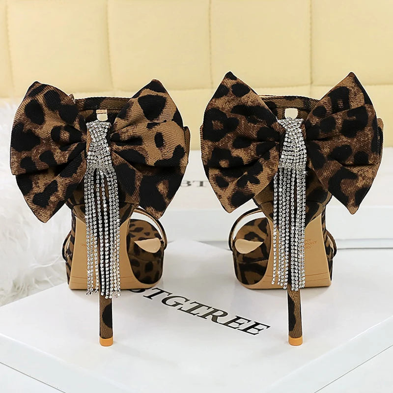 BIGTREE Shoes Leopard Suede Heeled Sandals Women Shoes Peep Toe High Heels Stiletto 11 cm Bow Rhinestone Chain Ladies Shoes New