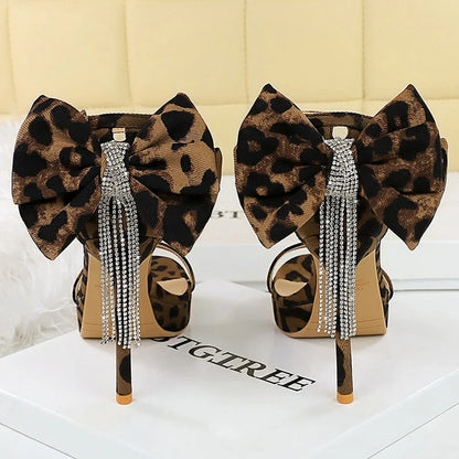 BIGTREE Shoes Leopard Suede Heeled Sandals Women Shoes Peep Toe High Heels Stiletto 11 cm Bow Rhinestone Chain Ladies Shoes New