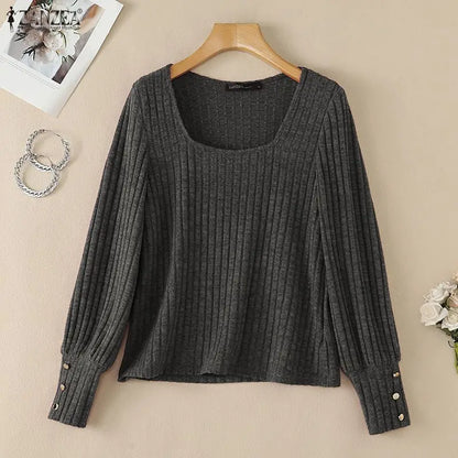 ZANZEA Woman Casual Ribbed Knit Blouses Suqare Neck Long Sleeve Solid Pullover Tops 2026 Autumn Daily Wear T-Shirts Streetwear