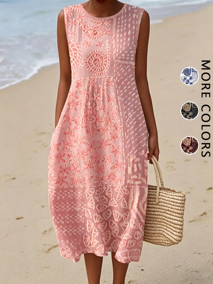 2026 Women's Sleeveless Bohemian Floral Casual Beach MIDI Sundress With Pockets Flowing and Loose Sweetheart Rustic Country