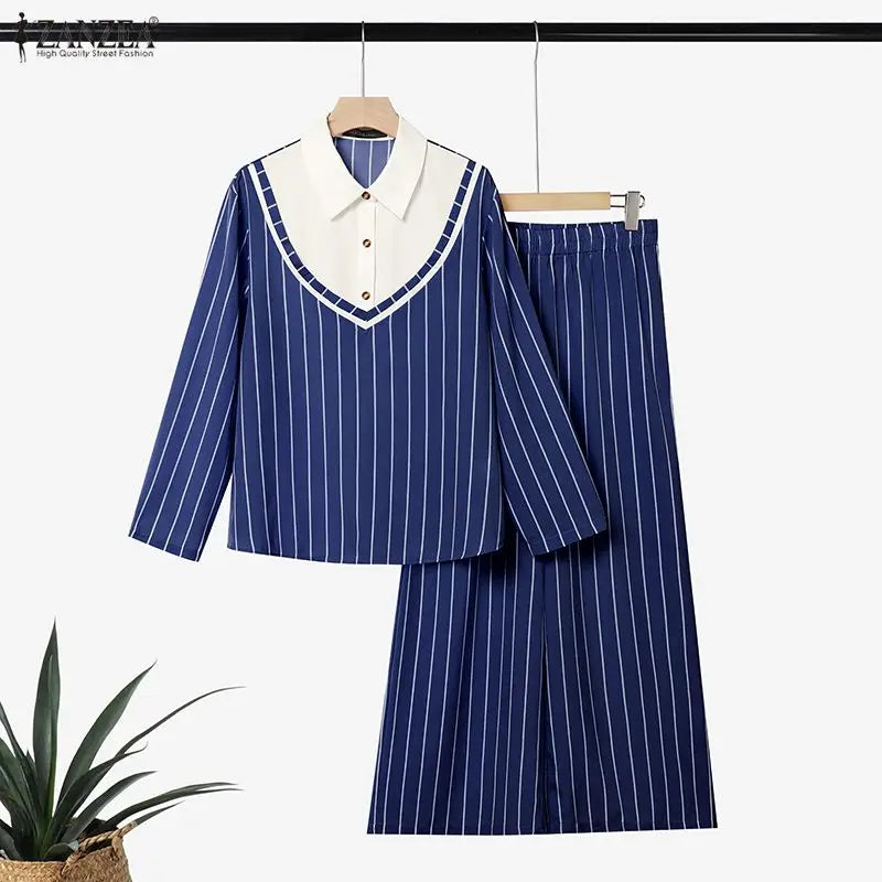 ZANZEA Women Muslim Sets 3/4 Sleeve Stripe Patchwork Turn Down Collar Blouse Elastic Waist Wide Leg Pants Office Wear 2 Pieces