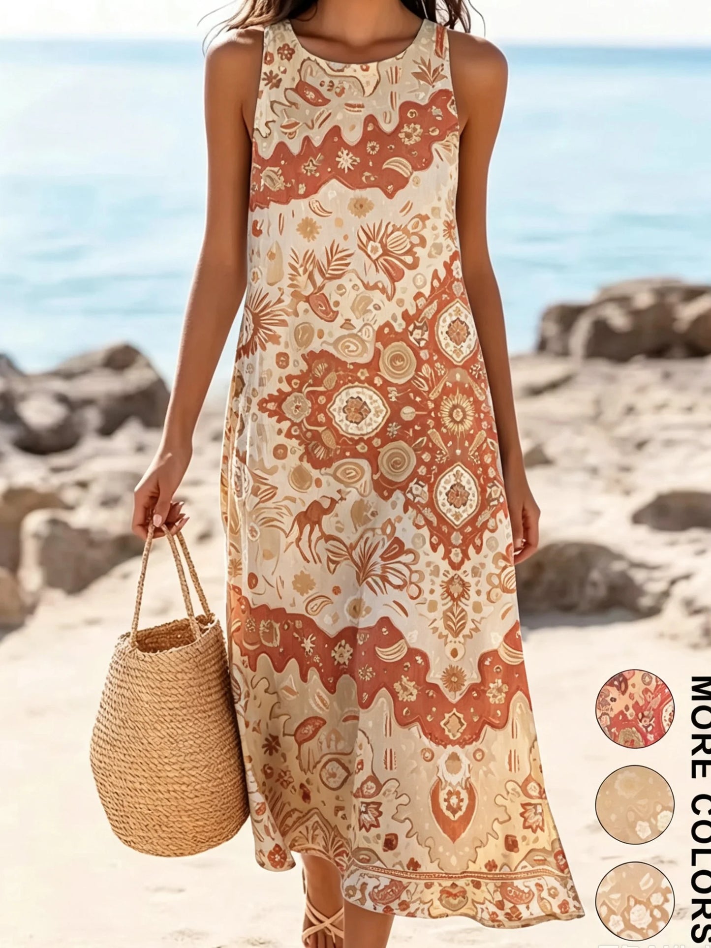 2026 Women's Sleeveless Bohemian Floral Casual Beach MIDI Sundress With Pockets Flowing and Loose Sweetheart Rustic Country