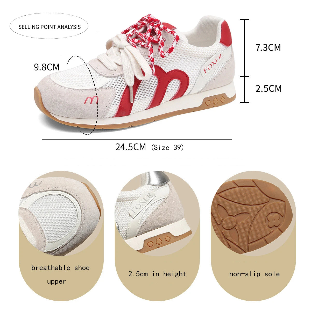 FOXER Retro Mesh Sneakers for Women Pig Split Leather Fashion Ladies Casual Running Shoes Daily Non Slip Walking Footwear