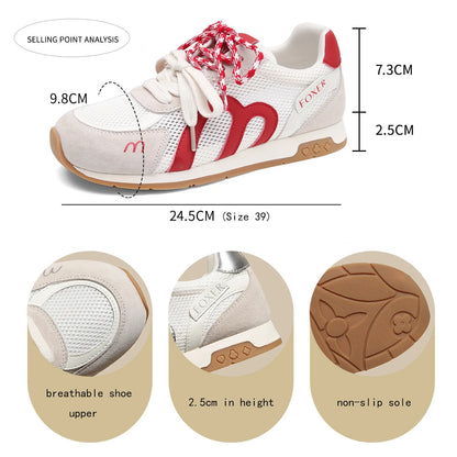 FOXER Retro Mesh Sneakers for Women Pig Split Leather Fashion Ladies Casual Running Shoes Daily Non Slip Walking Footwear