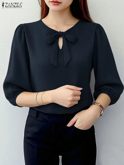 ZANZEA Elegant Bow Detailed Women Blouses Autumn 2025 Keyhole Neck 3/4 Puff Sleeve Crinkled Solid Color Tops Fashion Woman Cloth