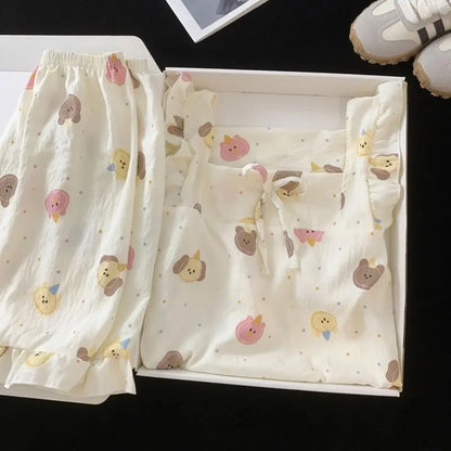 Childrens Floral Pajamas Set Summer Lightweight Cloud Cotton Vest with Shorts Princess Style for Girls Baby Homewear