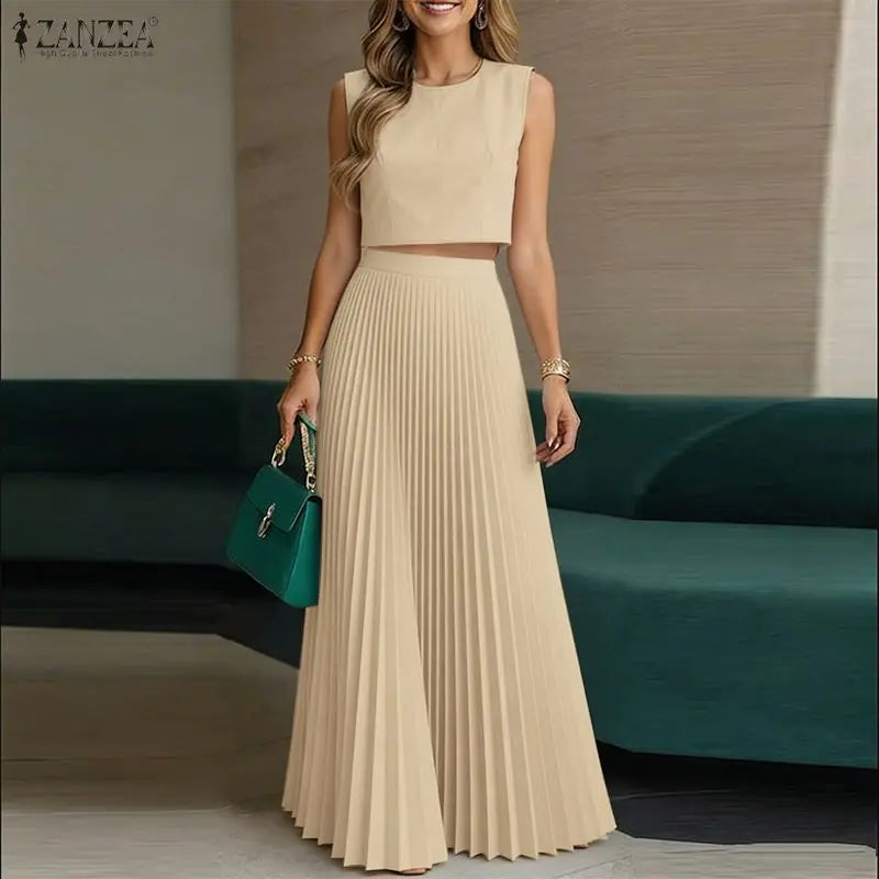 ZANZEA Elegant Thin Women Dress Sets Solid Color Summer 2PCS Two-piece Outfits Sleeveless Tops Blouse Pleated Long Skirt OL Work