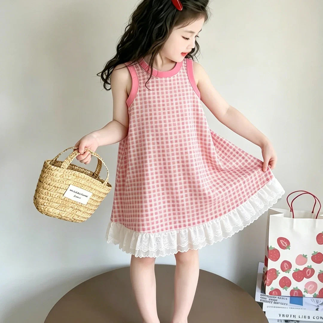Summer Toddler Girl Dress Flowers Cotton Sleeveless Children Dress Lace Trim Kids Sundress Slip Dress Fashion Girls Clothing