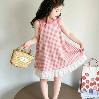 Summer Toddler Girl Dress Flowers Cotton Sleeveless Children Dress Lace Trim Kids Sundress Slip Dress Fashion Girls Clothing