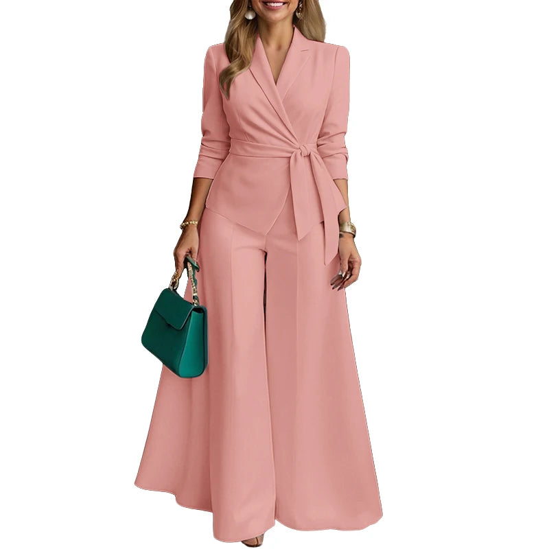 ZANZEA Women's Minimalist 2-Piece Pant Sets Elegant Long Sleeve Belted Blouse & Wide Leg Pant 2pcs Suits Office Work Co-ords