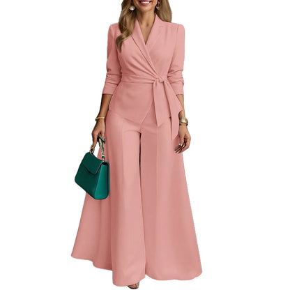 ZANZEA Women's Minimalist 2-Piece Pant Sets Elegant Long Sleeve Belted Blouse & Wide Leg Pant 2pcs Suits Office Work Co-ords
