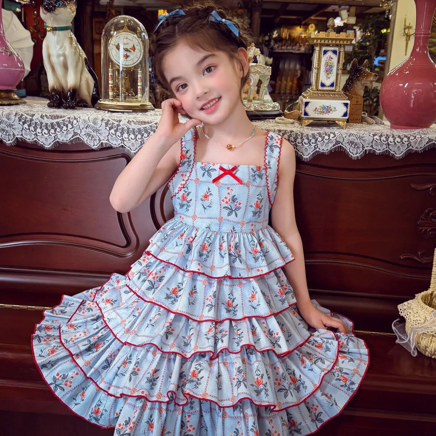 Sweet Baby Girls Cute Floral Casual Sundress New Summer 2026 Childrens Floral Cotton Lace Ruffle Trim High Waist Cake Slip Dress