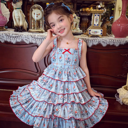 Sweet Baby Girls Cute Floral Casual Sundress New Summer 2026 Childrens Floral Cotton Lace Ruffle Trim High Waist Cake Slip Dress