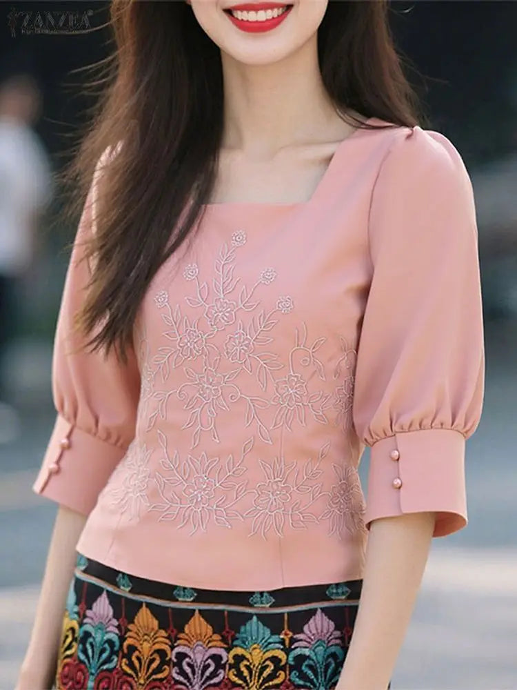 ZANZEA Elegant Embroidered Floral Women Blouses 2025 Autumn Fashion Square Neck 3/4 Puff Sleeve Short Tops Commuting Wear S-3XL