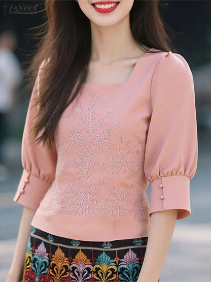 ZANZEA Elegant Embroidered Floral Women Blouses 2025 Autumn Fashion Square Neck 3/4 Puff Sleeve Short Tops Commuting Wear S-3XL