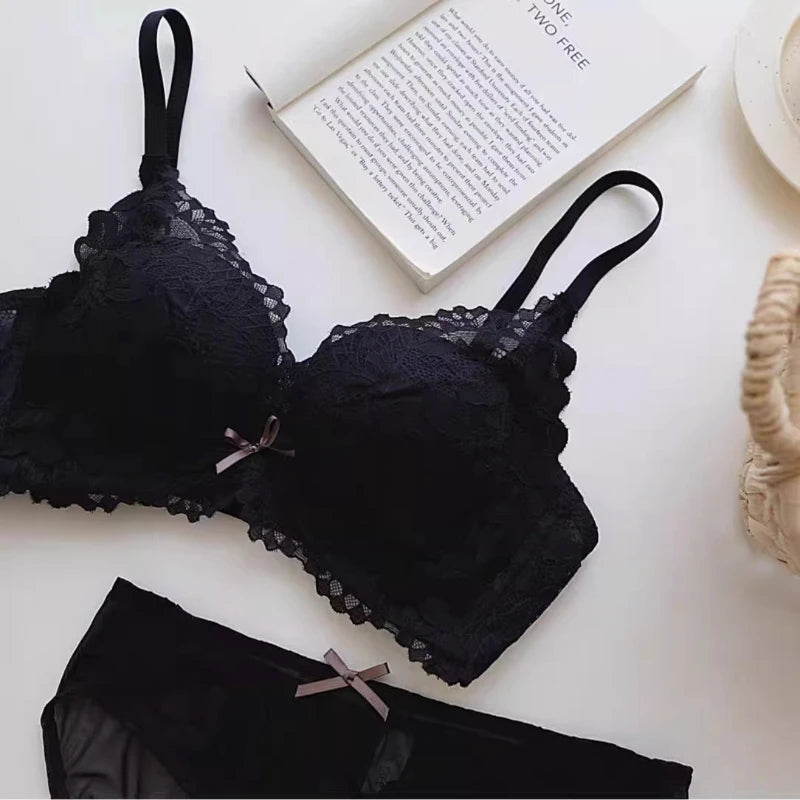 Japanese Style Lace Bra Set Women Small Bust Push Up Lift Adjustable Anti Sagging Side Support No Gap Wirefree Luxury Comfort AB