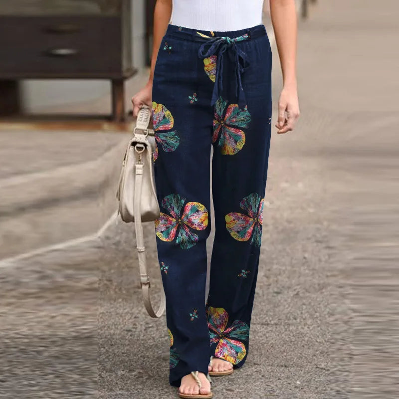 Casual Flower Print Cotton Linen Straight Leg Pants Women Fashion Lace Up Elastic Waist Home Trousers Female Plus Size Pants