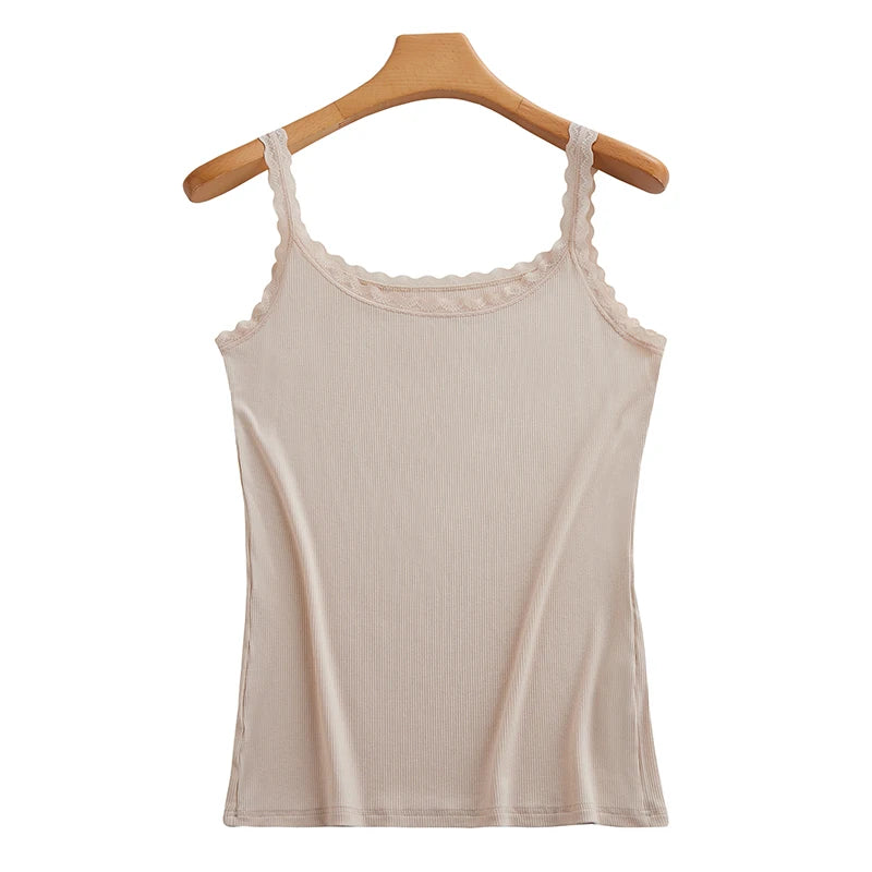 Summer Knitted Ribbed Camisole for Women with Lace Trim, Slim Fit, Suitable for Outerwear or as a Base Layer