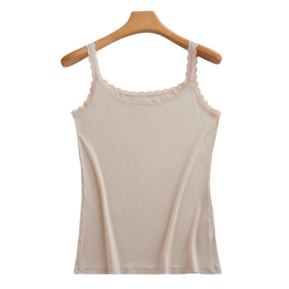 Summer Knitted Ribbed Camisole for Women with Lace Trim, Slim Fit, Suitable for Outerwear or as a Base Layer