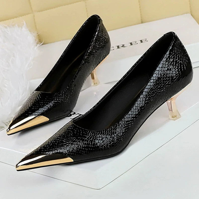 BIGTREE Shoes 4.5 Cm Women Kitten Heels Sequin Cloth Snake Pattern Middle Heeled Shoes Metal Pointed Tip Women Pumps Fashion