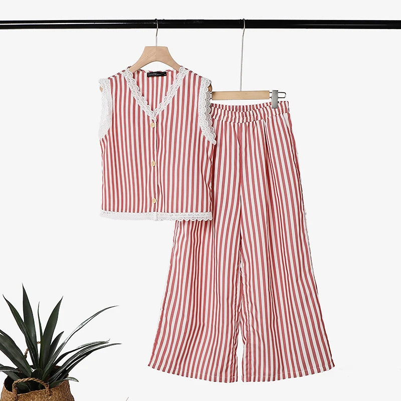 ZANZEA Summer Elegant V Neck Sleeveless Striped Lace Trim Blouse Pants Sets Women Outfits Casual OL Work Tracksuit 2 Pieces Sets