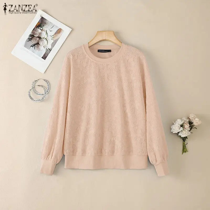 ZANZEA Women's Elegant Floral Jacquard Sheer Blouses O-Neck Long Sleeve Solid Color Pullover Tops Casual Loose Woman Clothes 3XL
