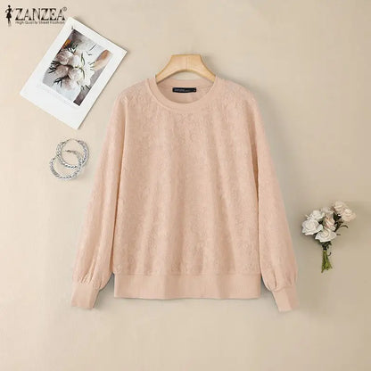 ZANZEA Women's Elegant Floral Jacquard Sheer Blouses O-Neck Long Sleeve Solid Color Pullover Tops Casual Loose Woman Clothes 3XL