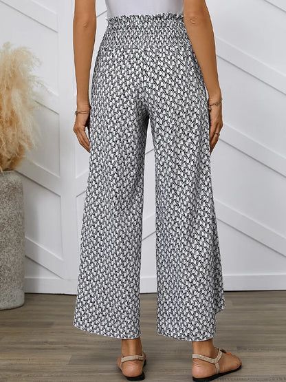 Spring/Summer Women's French Style Full Print Waist Tulip Hem Wide Leg Loose Crossed Long Pants
