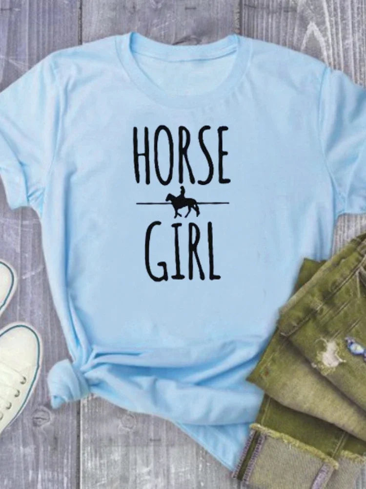 HORSE GIRL Letter Print T Shirt Women Short Sleeve O Neck Loose Tshirt Summer Women Causal Tee Shirt Tops Camisetas Mujer