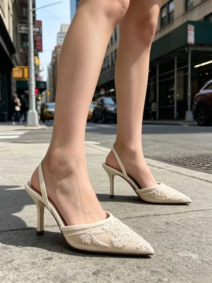 Elegant Mesh Embroidered Flowers Designer Heeled Sandals Women 2025 Summer Sexy Slingback Pointed Toe Thin High Heels Dress Shoe